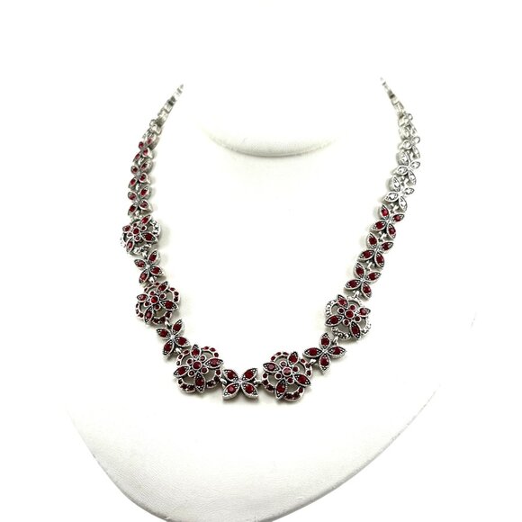 Napier Vintage Red Rhinestone Flower Statement Necklace Silver Tone - Picture 1 of 9